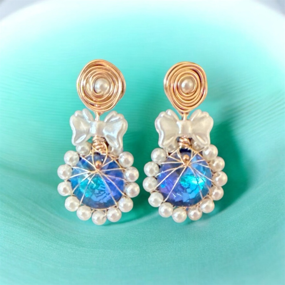Chic Blue and Gold Wire Wrapped Earrings